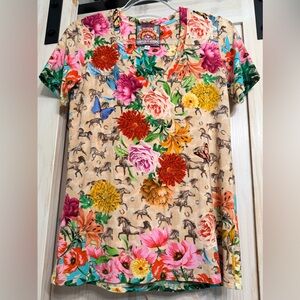 Johnny Was horses butterflies flowers S on a very stretchy bamboo short sleeve